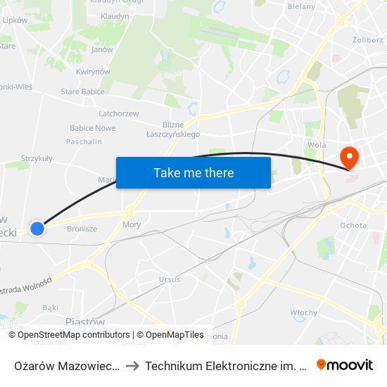 Ożarów Mazowiecki Starostwo 01 to Technikum Elektroniczne im. Marcina Kasprzaka nr 36 map