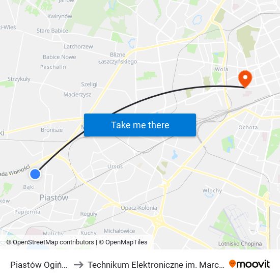 Piastów Ogińskiego 02 to Technikum Elektroniczne im. Marcina Kasprzaka nr 36 map