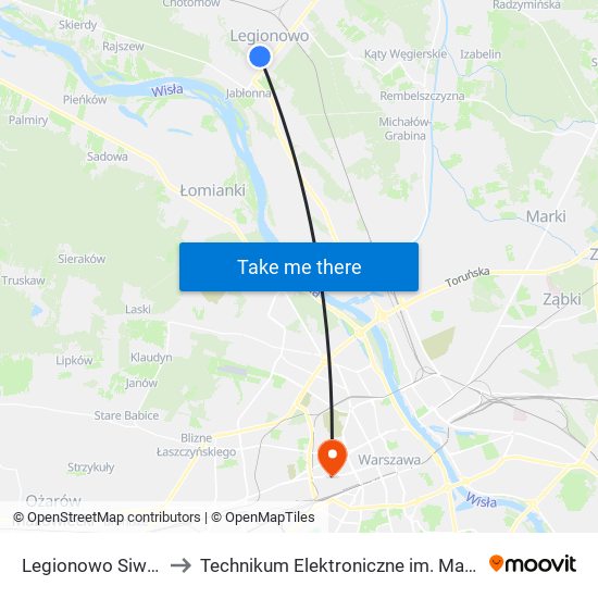 Legionowo Siwińskiego 01 to Technikum Elektroniczne im. Marcina Kasprzaka nr 36 map