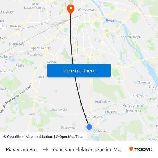 Piaseczno Pomorska 01 to Technikum Elektroniczne im. Marcina Kasprzaka nr 36 map