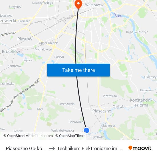 Piaseczno Gołków-Letnisko to Technikum Elektroniczne im. Marcina Kasprzaka nr 36 map