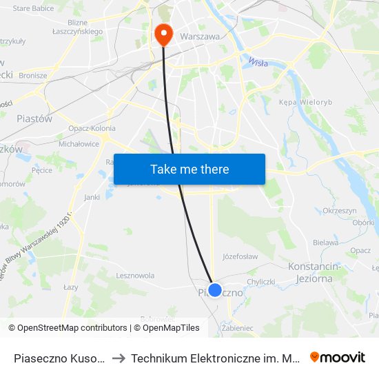 Piaseczno Kusocińskiego 02 to Technikum Elektroniczne im. Marcina Kasprzaka nr 36 map