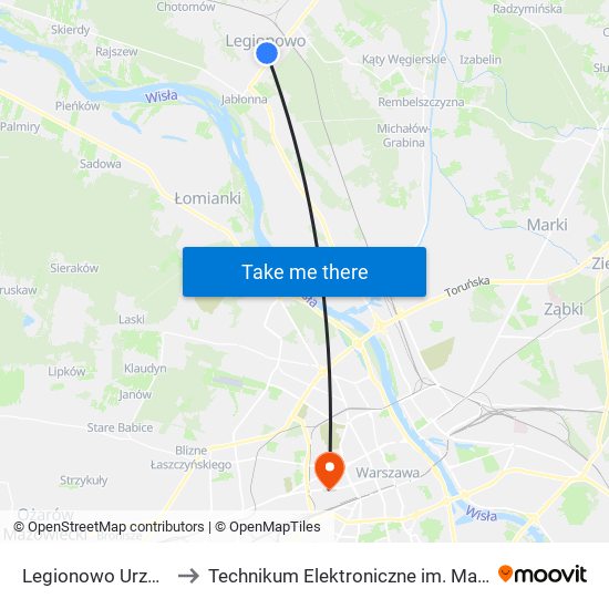 Legionowo Urząd Miasta 01 to Technikum Elektroniczne im. Marcina Kasprzaka nr 36 map