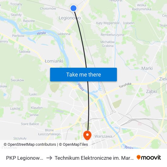 PKP Legionowo Piaski 01 to Technikum Elektroniczne im. Marcina Kasprzaka nr 36 map