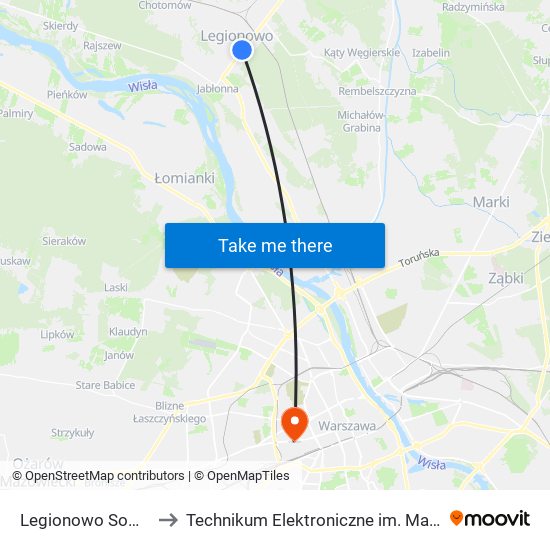 Legionowo Sowińskiego 04 to Technikum Elektroniczne im. Marcina Kasprzaka nr 36 map