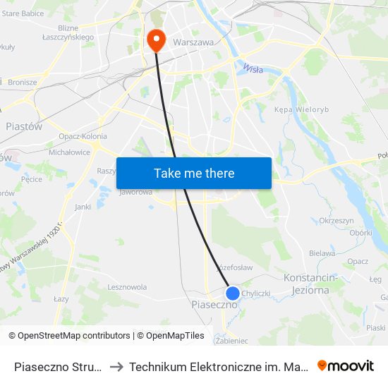 Piaseczno Strumykowa 01 to Technikum Elektroniczne im. Marcina Kasprzaka nr 36 map