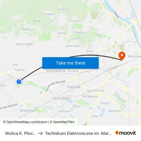 Wolica K. Płochocina to Technikum Elektroniczne im. Marcina Kasprzaka nr 36 map