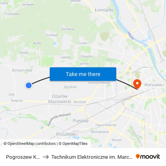 Pogroszew Kolonia 01 to Technikum Elektroniczne im. Marcina Kasprzaka nr 36 map