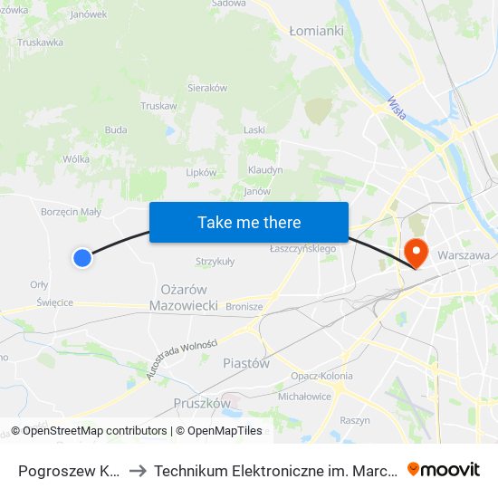 Pogroszew Kolonia 02 to Technikum Elektroniczne im. Marcina Kasprzaka nr 36 map