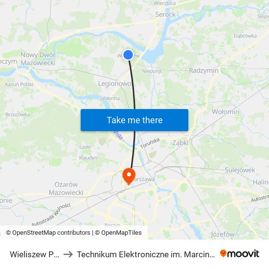 Wieliszew Polna 01 to Technikum Elektroniczne im. Marcina Kasprzaka nr 36 map