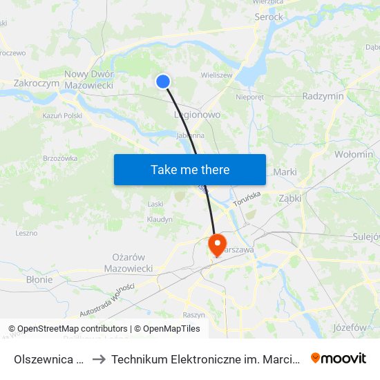 Olszewnica Stara to Technikum Elektroniczne im. Marcina Kasprzaka nr 36 map