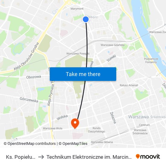 Ks. Popiełuszki 01 to Technikum Elektroniczne im. Marcina Kasprzaka nr 36 map