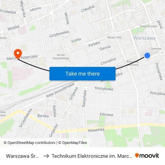 Warszawa Śródmieście to Technikum Elektroniczne im. Marcina Kasprzaka nr 36 map