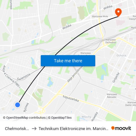 Chełmońskiego 01 to Technikum Elektroniczne im. Marcina Kasprzaka nr 36 map