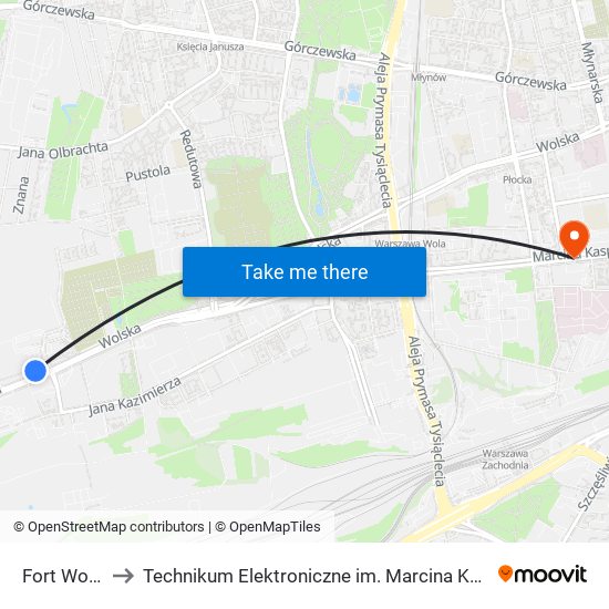 Fort Wola to Technikum Elektroniczne im. Marcina Kasprzaka nr 36 map