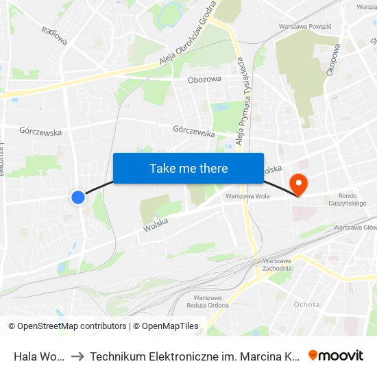 Hala Wola 06 to Technikum Elektroniczne im. Marcina Kasprzaka nr 36 map