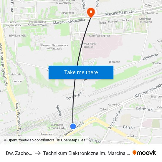 Dw. Zachodni 06 to Technikum Elektroniczne im. Marcina Kasprzaka nr 36 map