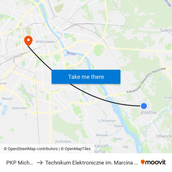 PKP Michalin 01 to Technikum Elektroniczne im. Marcina Kasprzaka nr 36 map