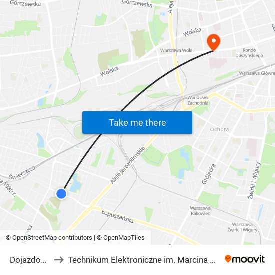 Dojazdowa 02 to Technikum Elektroniczne im. Marcina Kasprzaka nr 36 map