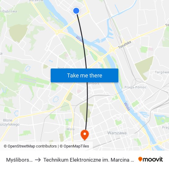 Myśliborska 06 to Technikum Elektroniczne im. Marcina Kasprzaka nr 36 map