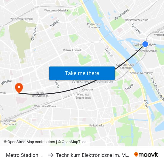 Metro Stadion Narodowy to Technikum Elektroniczne im. Marcina Kasprzaka nr 36 map