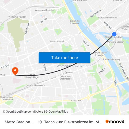 Metro Stadion Narodowy 01 to Technikum Elektroniczne im. Marcina Kasprzaka nr 36 map