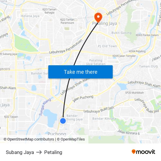 Subang Jaya to Petaling map