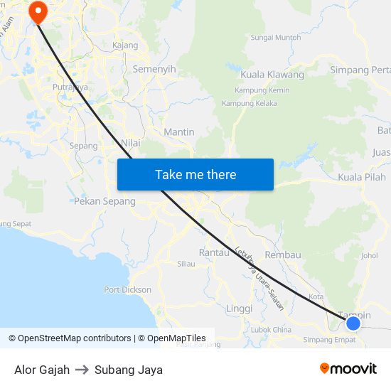 Alor Gajah to Subang Jaya map