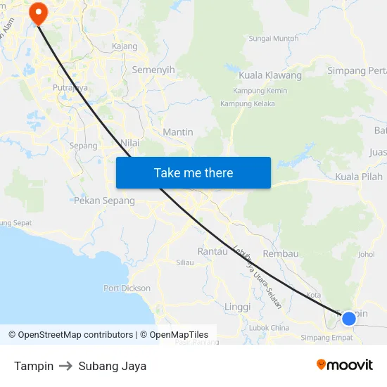 Tampin to Subang Jaya map