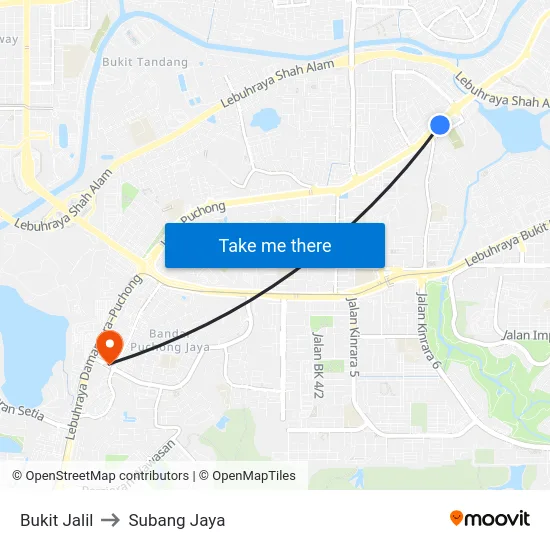 Bukit Jalil to Subang Jaya map