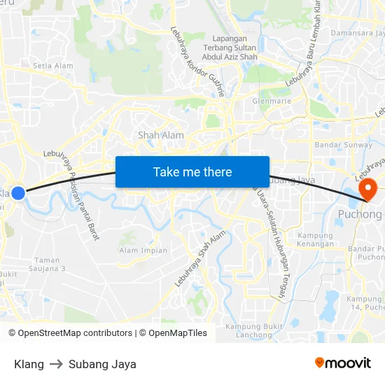 Klang to Subang Jaya map