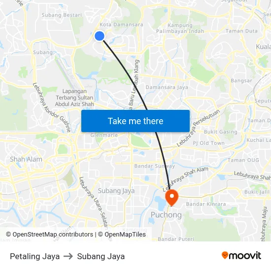 Petaling Jaya to Subang Jaya map