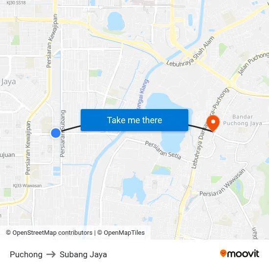 Puchong to Subang Jaya map