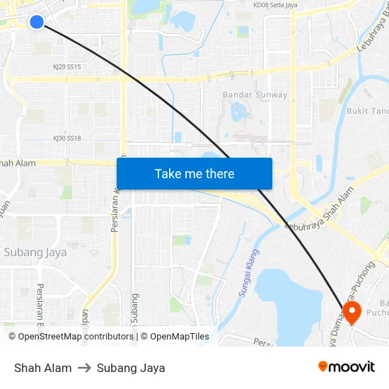 Shah Alam to Subang Jaya map