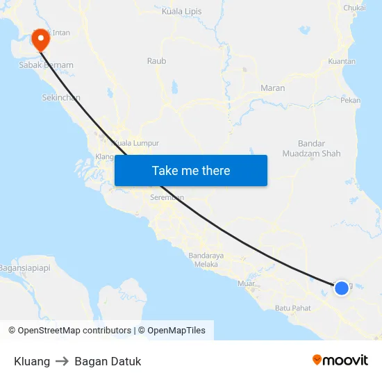 Kluang to Bagan Datuk map