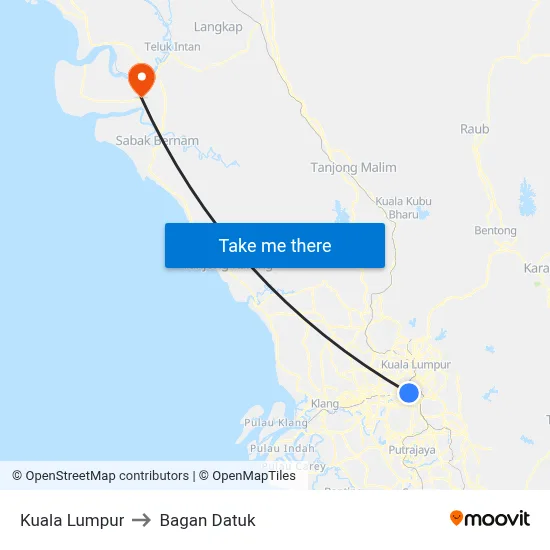 Kuala Lumpur to Bagan Datuk map