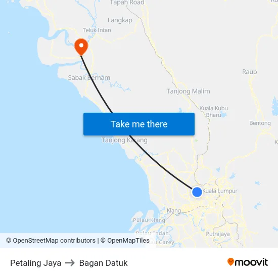 Petaling Jaya to Bagan Datuk map