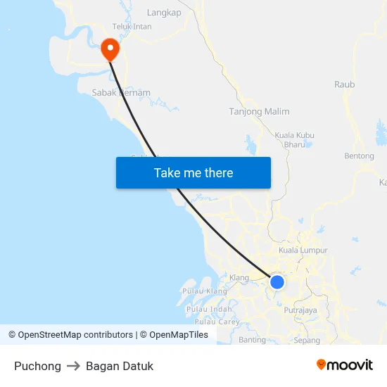 Puchong to Bagan Datuk map