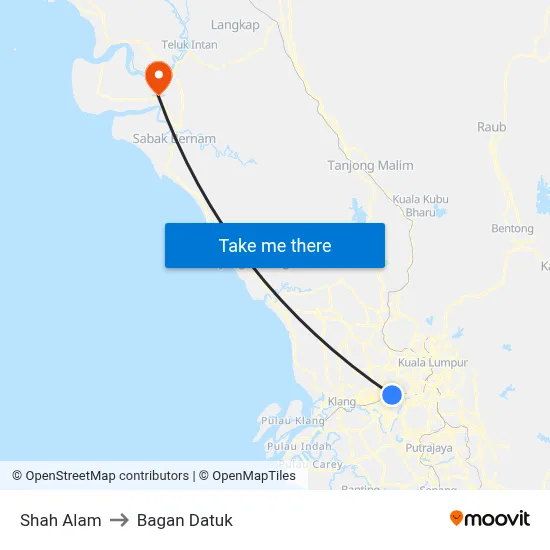Shah Alam to Bagan Datuk map