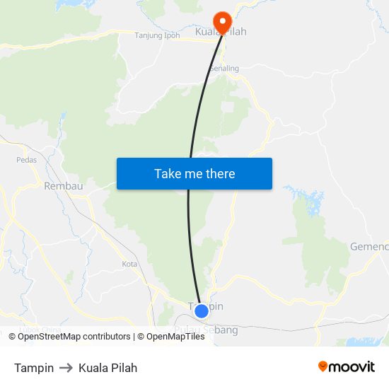 Tampin to Kuala Pilah map