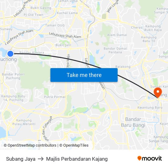 Subang Jaya to Majlis Perbandaran Kajang map