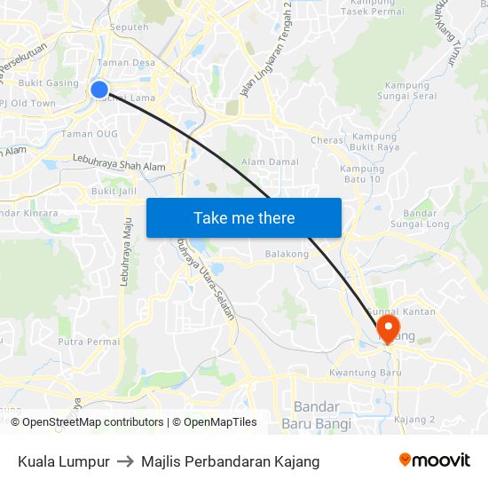 Kuala Lumpur to Majlis Perbandaran Kajang map