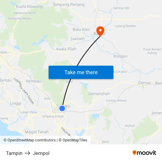 Tampin to Jempol map