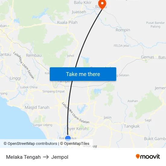 Melaka Tengah to Jempol map