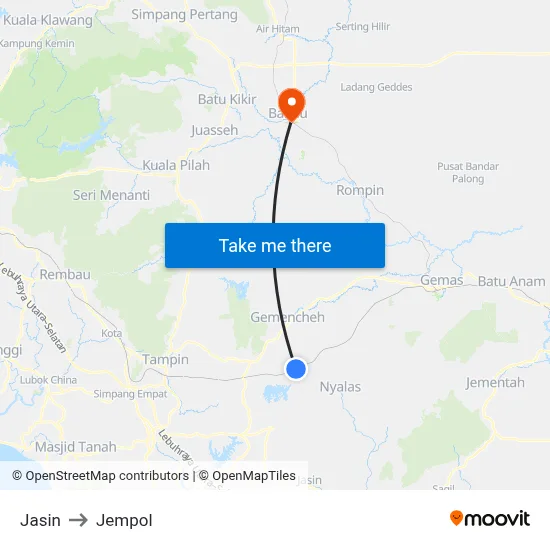 Jasin to Jempol map