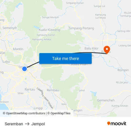 Seremban to Jempol map