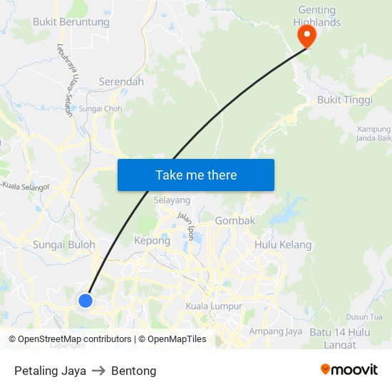 Petaling Jaya to Bentong map