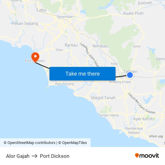 Alor Gajah to Port Dickson map