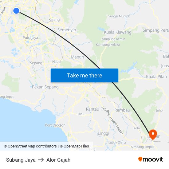 Subang Jaya to Alor Gajah map