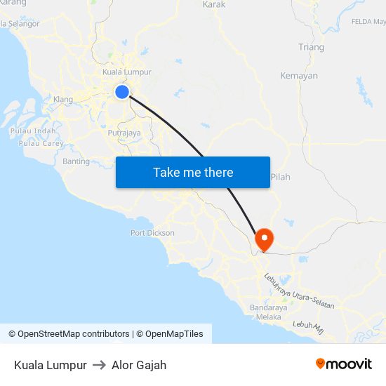 Kuala Lumpur to Alor Gajah map